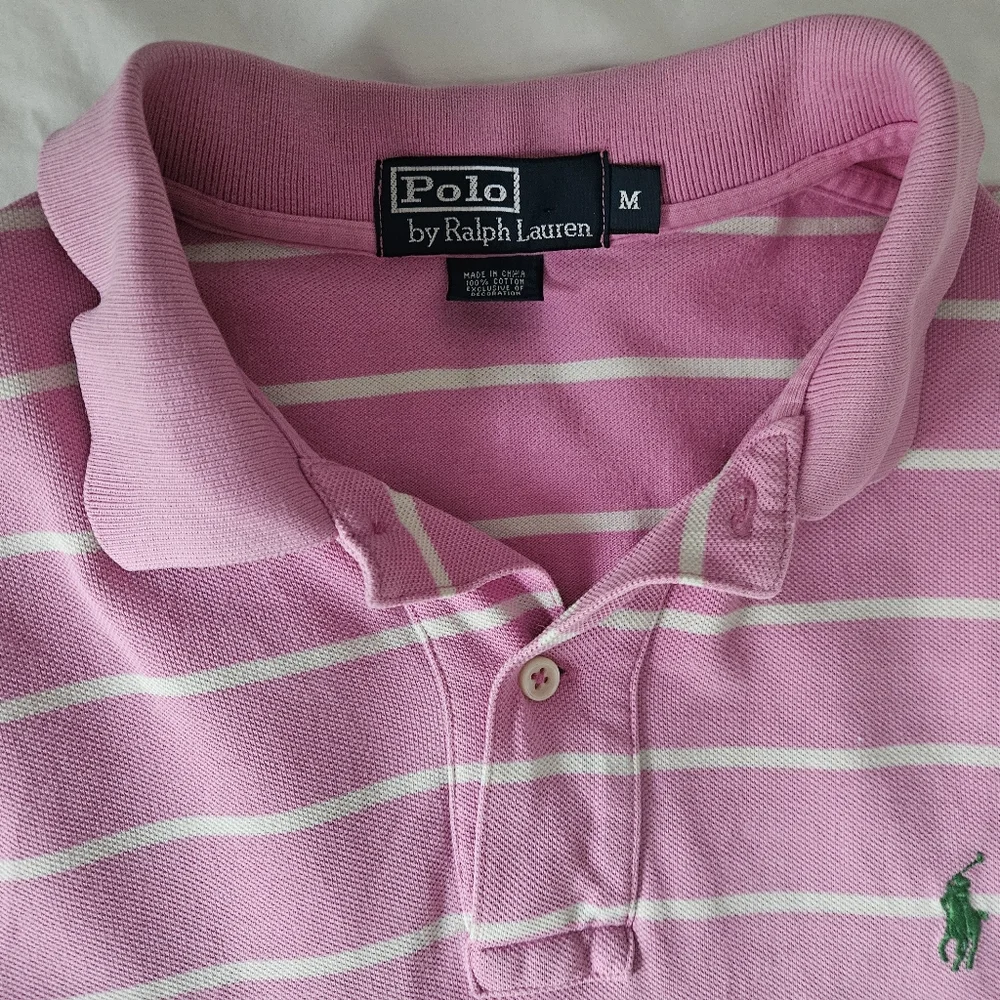 POLO RALPH LAUREN Pink & White Stripe Green Logo Shirt | SZ M